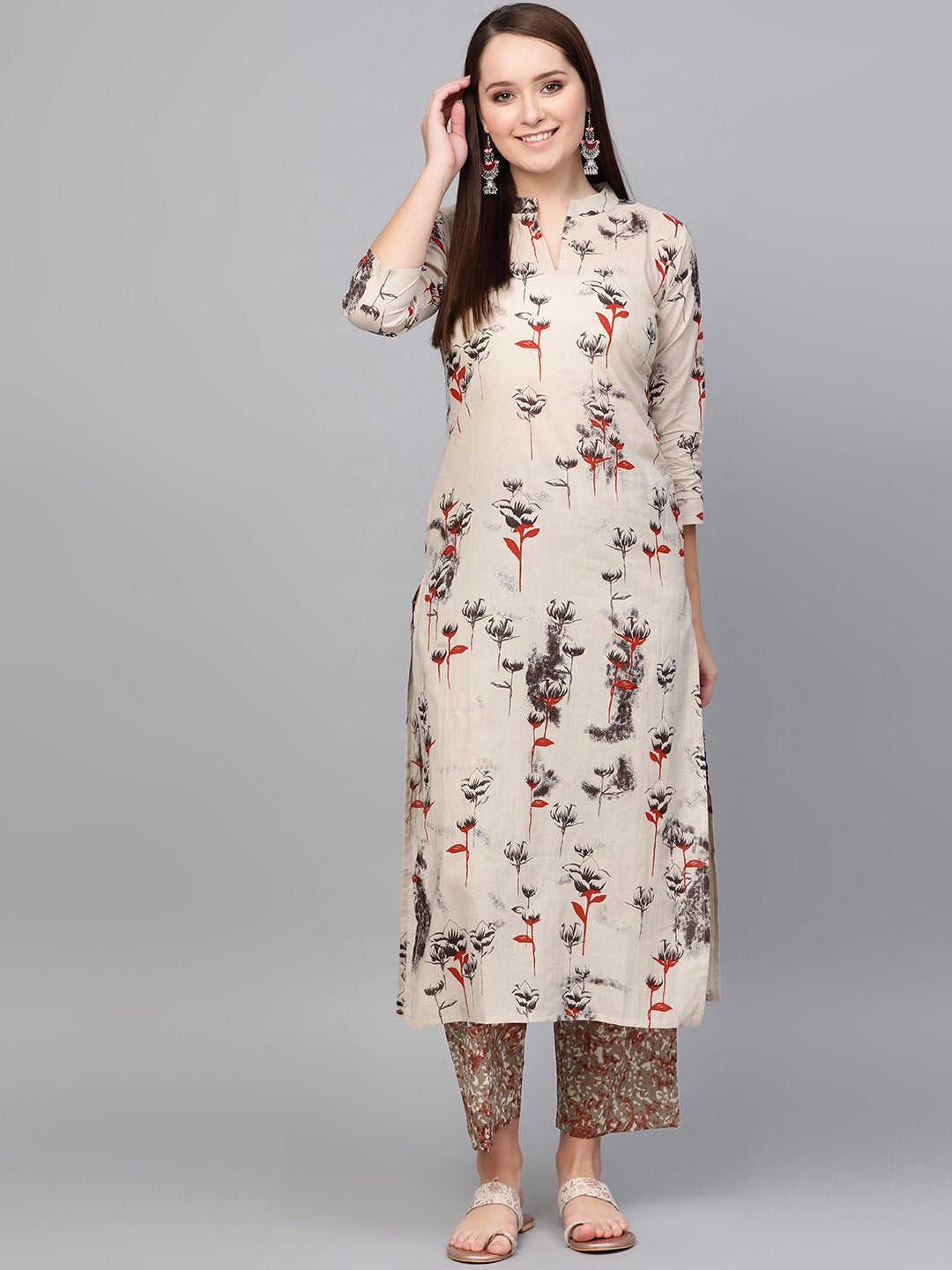 Women Sea Green Three-Quarter Sleeves Printed Straight Pure Cotton Kurta Palazzo Set | NOZ2TOZ - Made In INDIA.