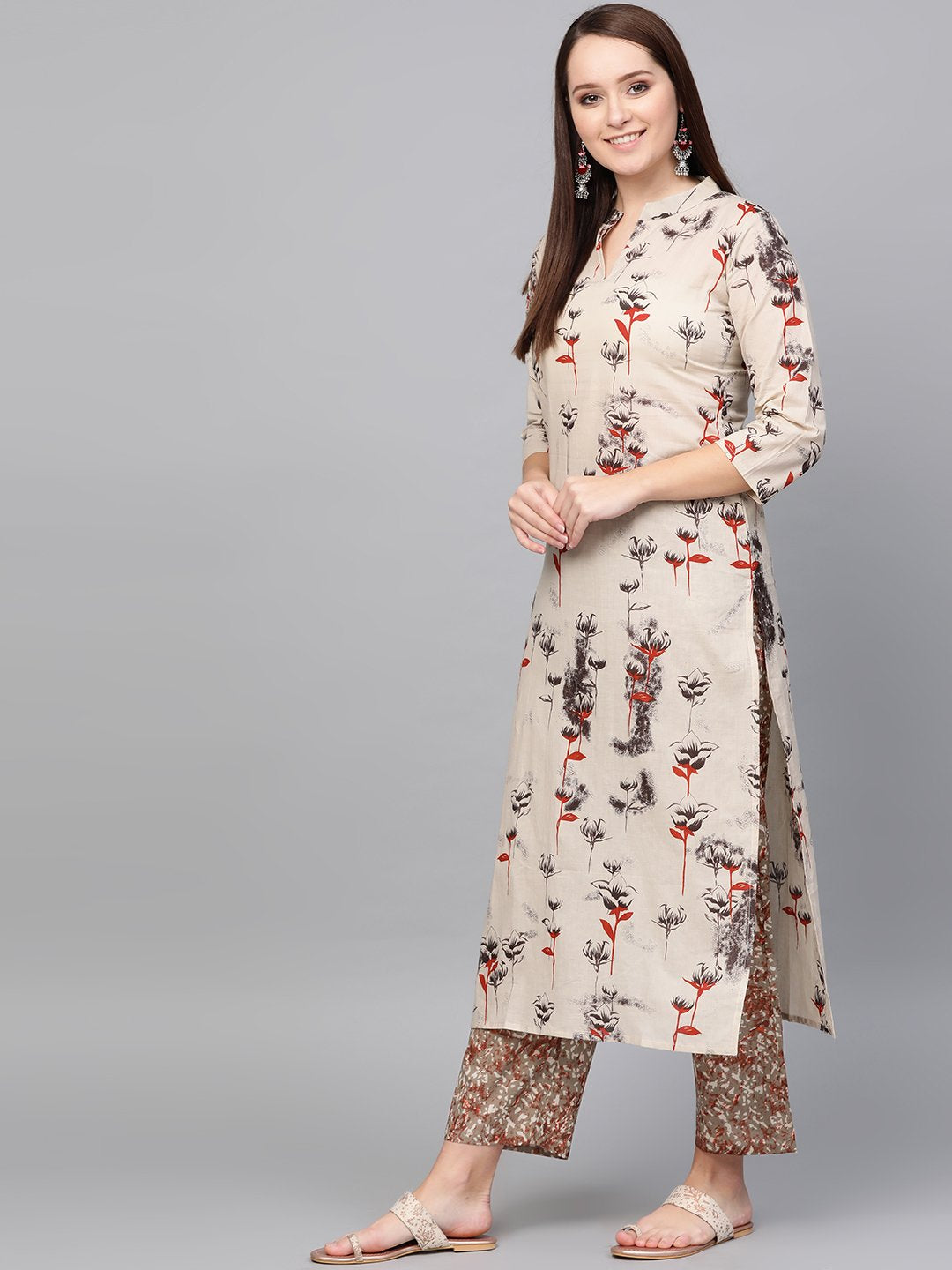 Women Sea Green Three-Quarter Sleeves Printed Straight Pure Cotton Kurta Palazzo Set | NOZ2TOZ - Made In INDIA.