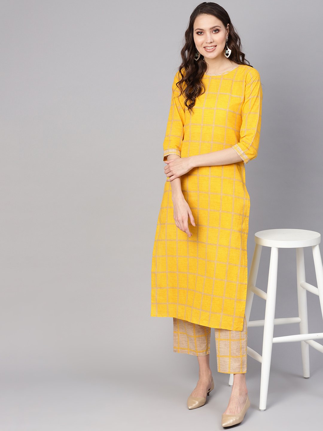 Women Yellow & Beige Checked Kurta with Trousers | NOZ2TOZ - Made In INDIA.