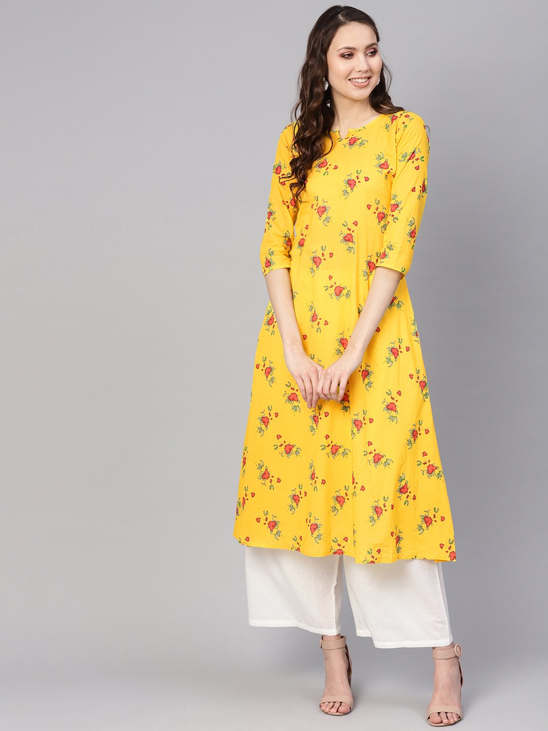 Women Yellow & White Printed Kurta with Palazzos | NOZ2TOZ - Made In INDIA.