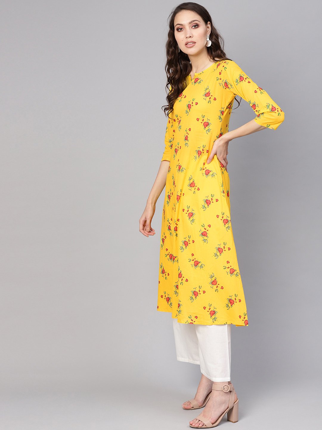 Women Yellow & White Printed Kurta with Palazzos | NOZ2TOZ - Made In INDIA.