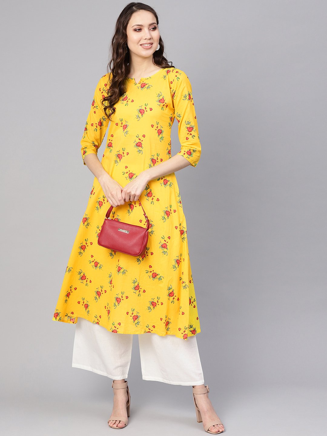 Women Yellow & White Printed Kurta with Palazzos | NOZ2TOZ - Made In INDIA.