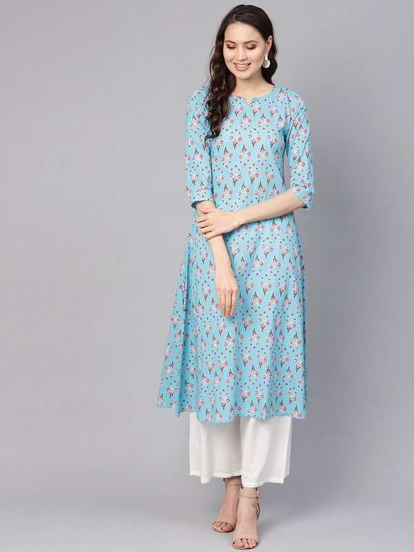 Women Blue & White Printed Kurta with Palazzos | NOZ2TOZ - Made In INDIA.