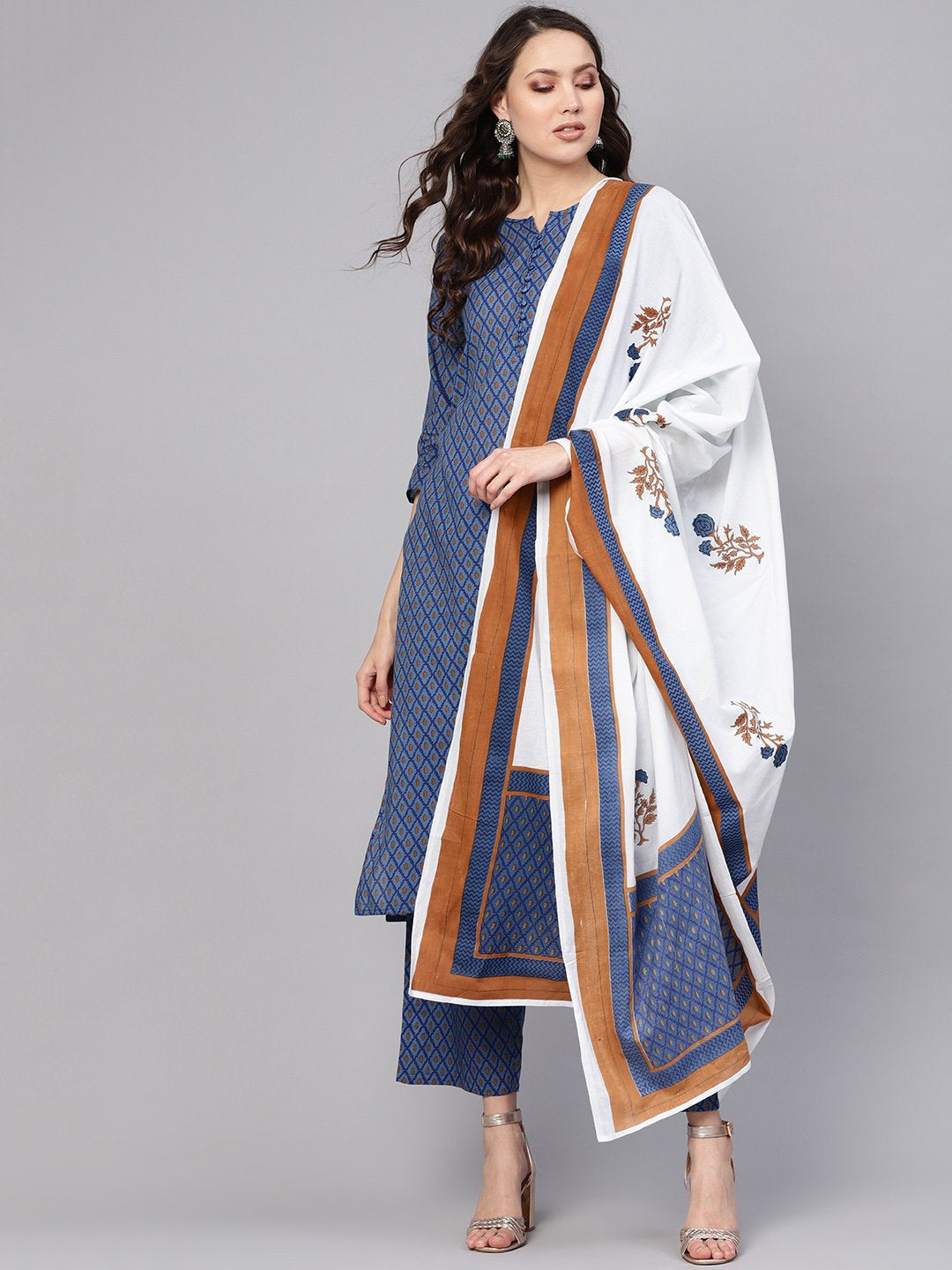 Women Blue & White Printed Kurta with Trousers & Dupatta | NOZ2TOZ - Made In INDIA.