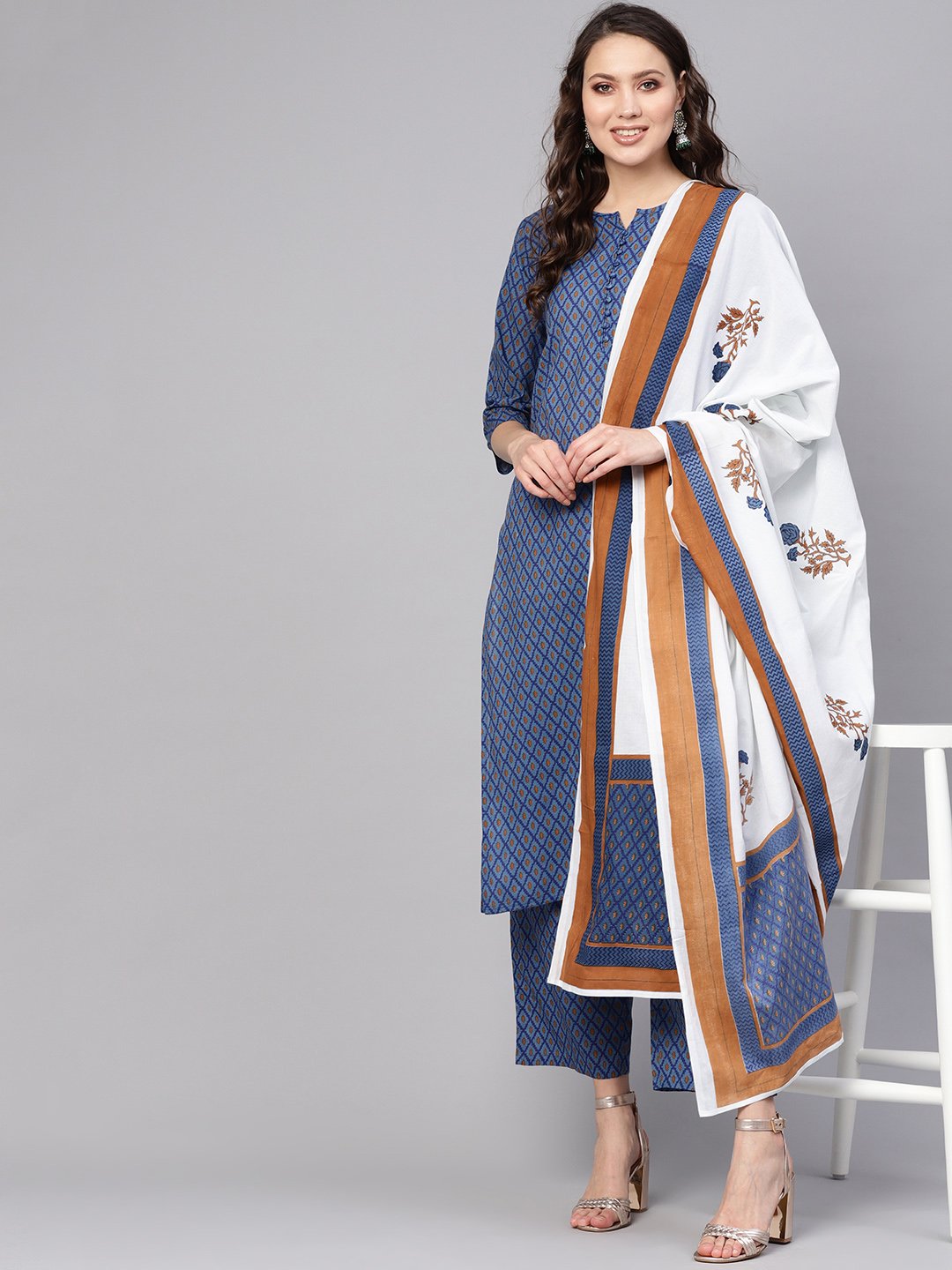 Women Blue & White Printed Kurta with Trousers & Dupatta | NOZ2TOZ - Made In INDIA.