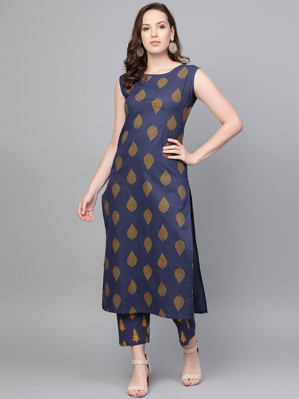 Women Navy Blue Sleeveless Printed Straight Pure Cotton Kurta with Trouser Set | NOZ2TOZ - Made In INDIA.