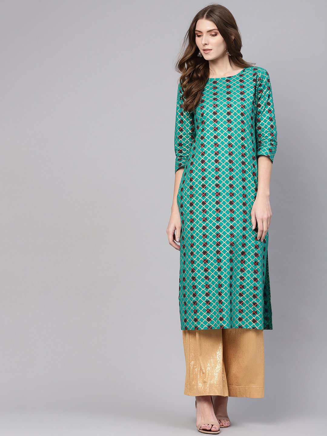 Women Green & Brown Printed Straight Kurta | NOZ2TOZ - Made In INDIA.