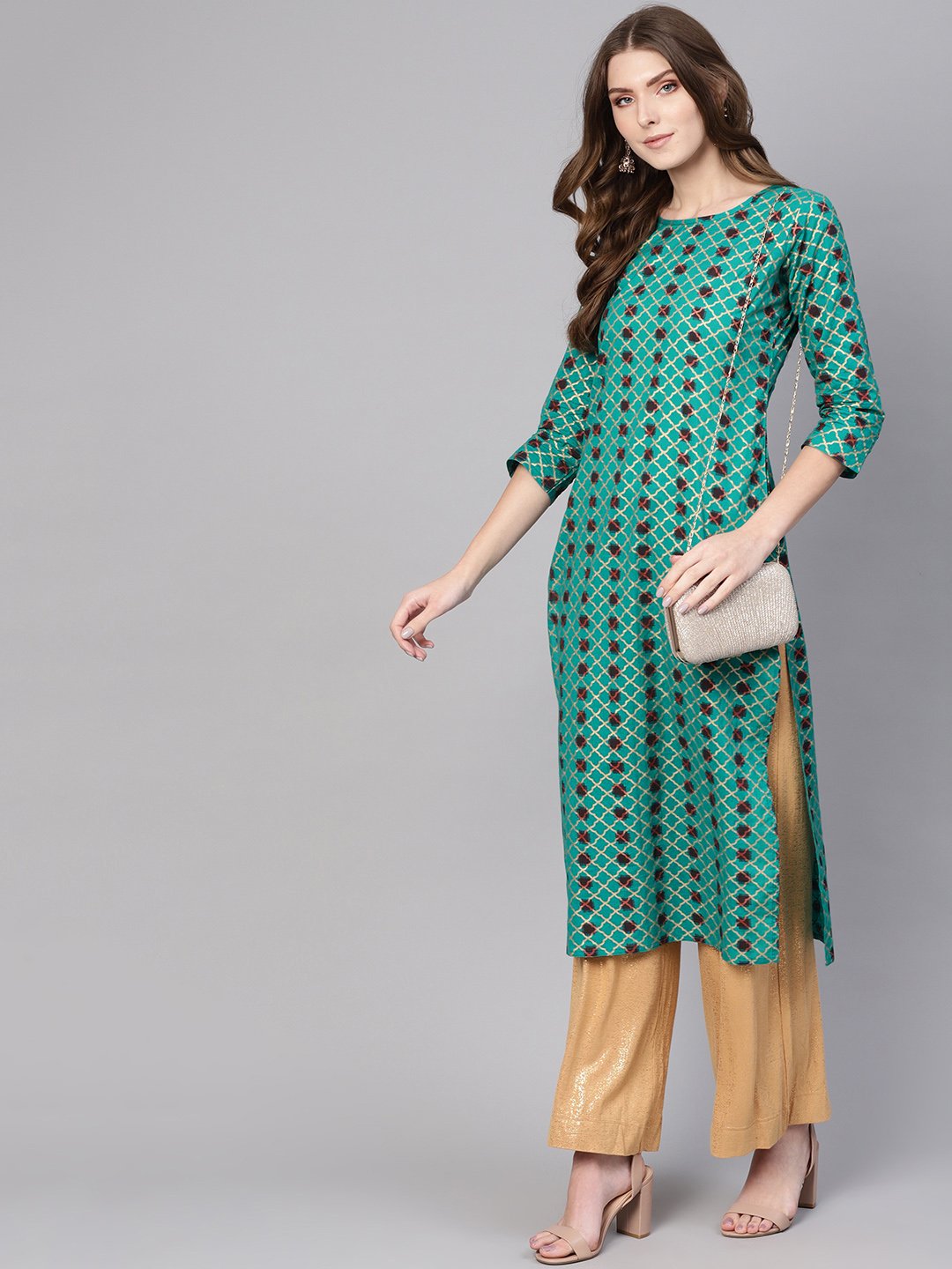 Women Green & Brown Printed Straight Kurta | NOZ2TOZ - Made In INDIA.