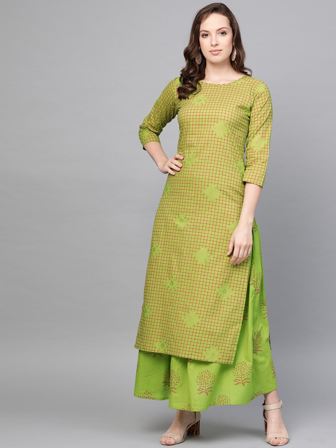 Women Green Three-Quarter Sleeves Printed Straight Pure Cotton Kurta Skirt Set | NOZ2TOZ - Made In INDIA.