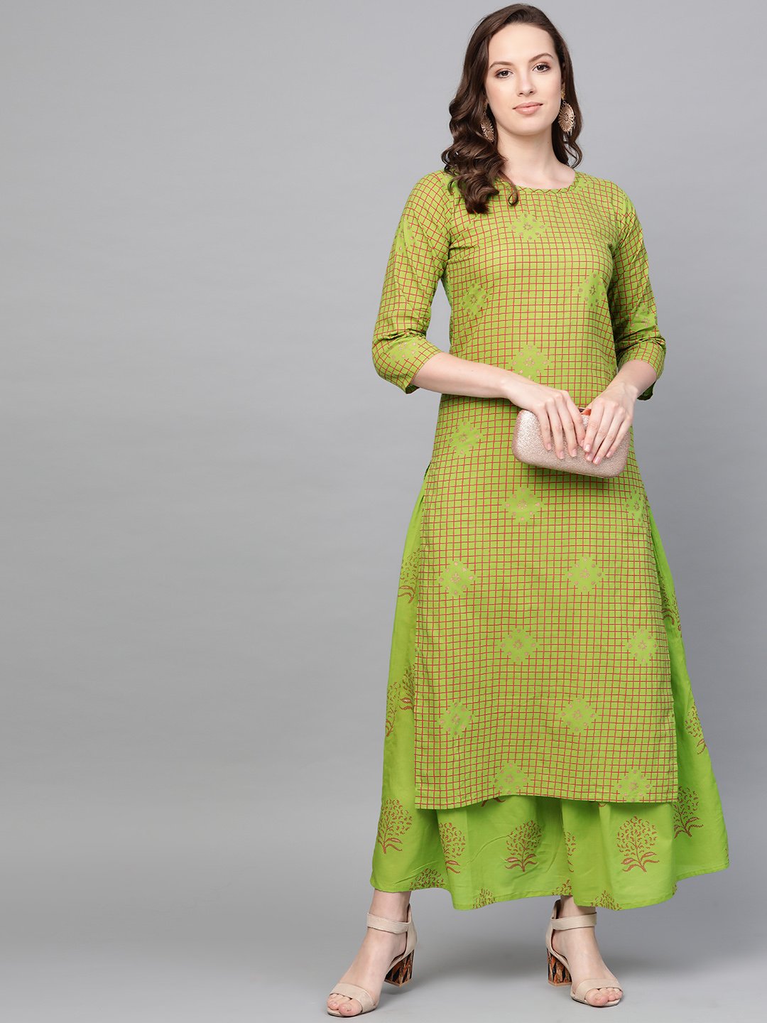 Women Green Three-Quarter Sleeves Printed Straight Pure Cotton Kurta Skirt Set | NOZ2TOZ - Made In INDIA.