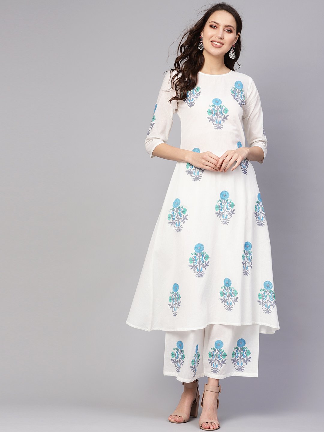 Women White & Blue Printed Kurta with Palazzos | NOZ2TOZ - Made In INDIA.