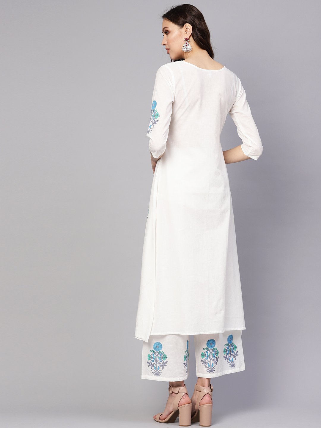 Women White & Blue Printed Kurta with Palazzos | NOZ2TOZ - Made In INDIA.