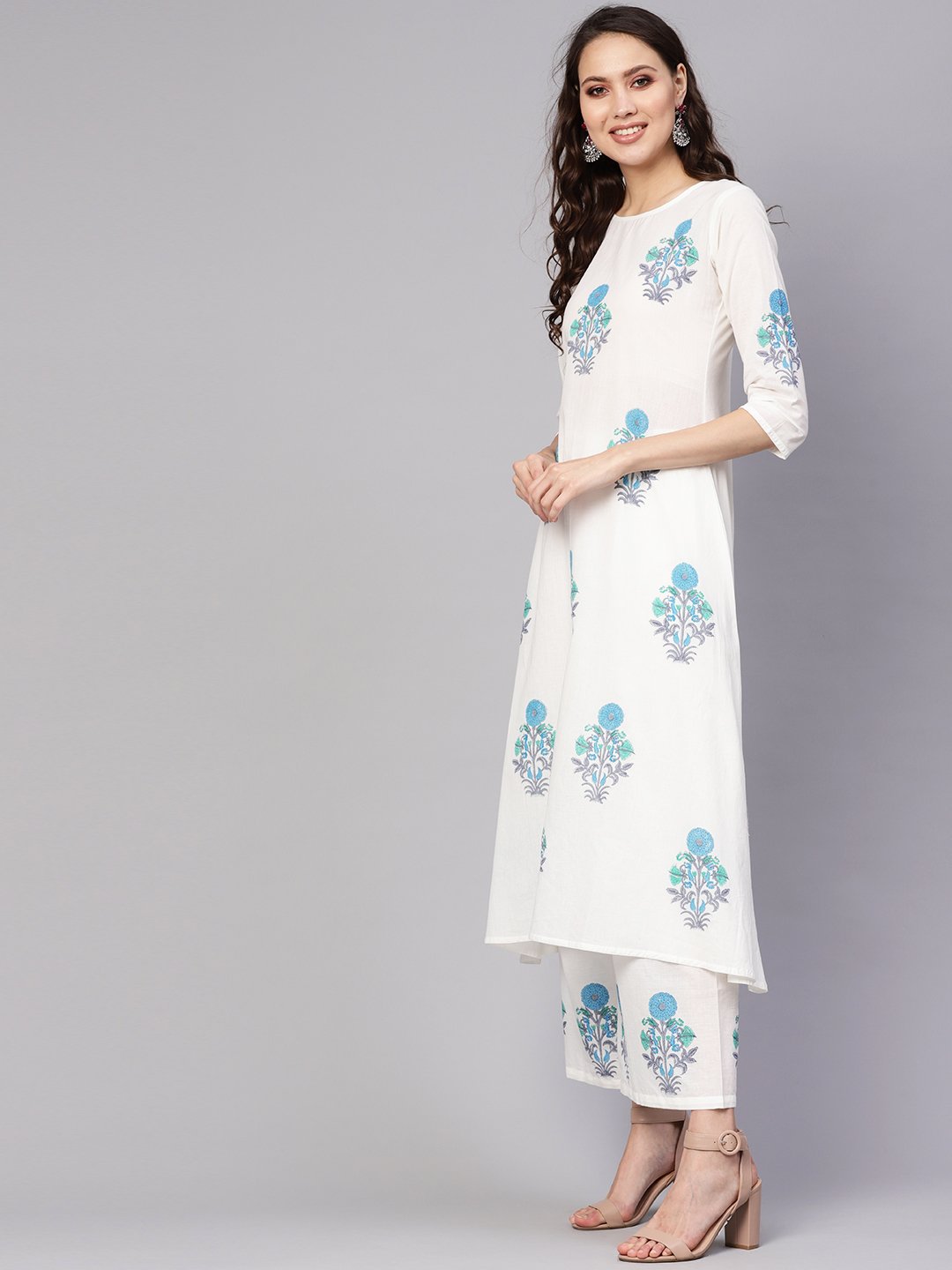 Women White & Blue Printed Kurta with Palazzos | NOZ2TOZ - Made In INDIA.