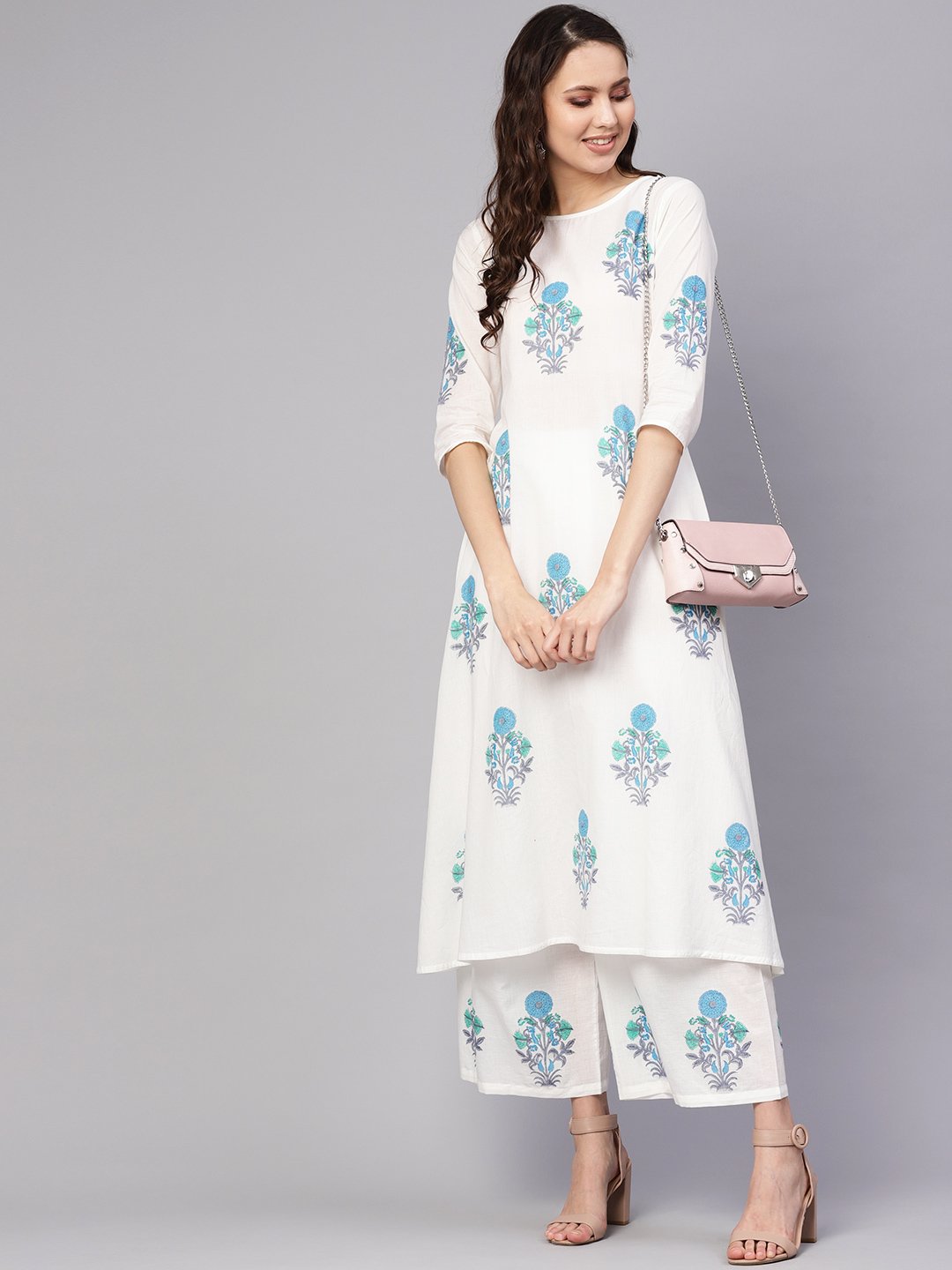 Women White & Blue Printed Kurta with Palazzos | NOZ2TOZ - Made In INDIA.