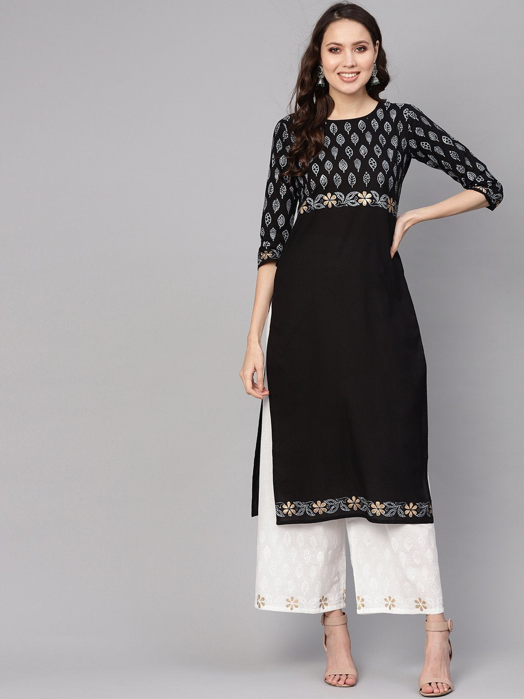 Women Black & White Printed Kurta with Palazzos | NOZ2TOZ - Made In INDIA.