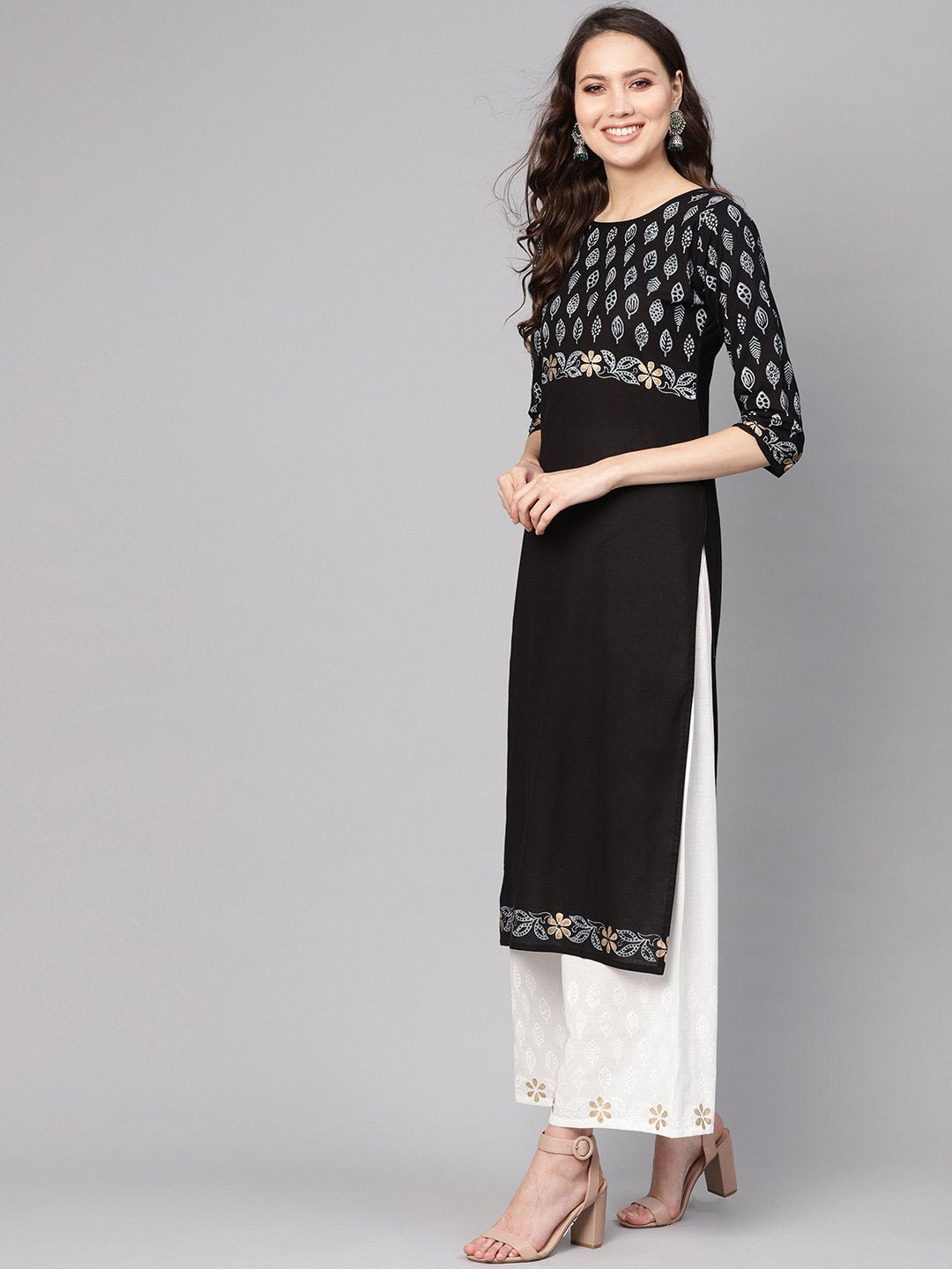 Women Black & White Printed Kurta with Palazzos | NOZ2TOZ - Made In INDIA.