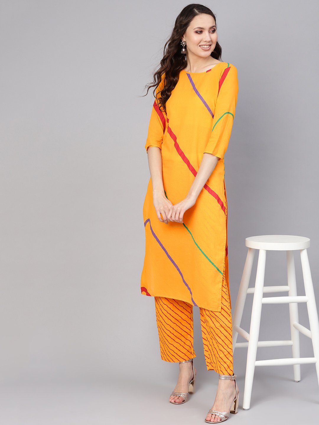 Women Yellow Printed Kurta with Trousers | NOZ2TOZ - Made In INDIA.