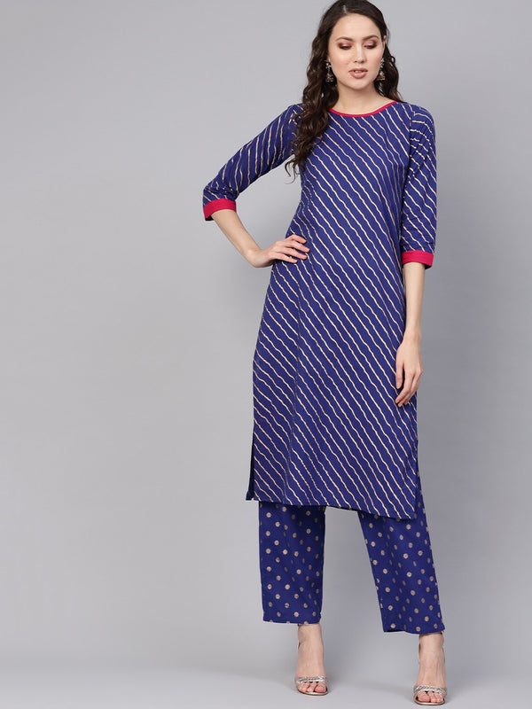 Women Blue & Golden Leheriya Print Kurta with Trousers | NOZ2TOZ - Made In INDIA.