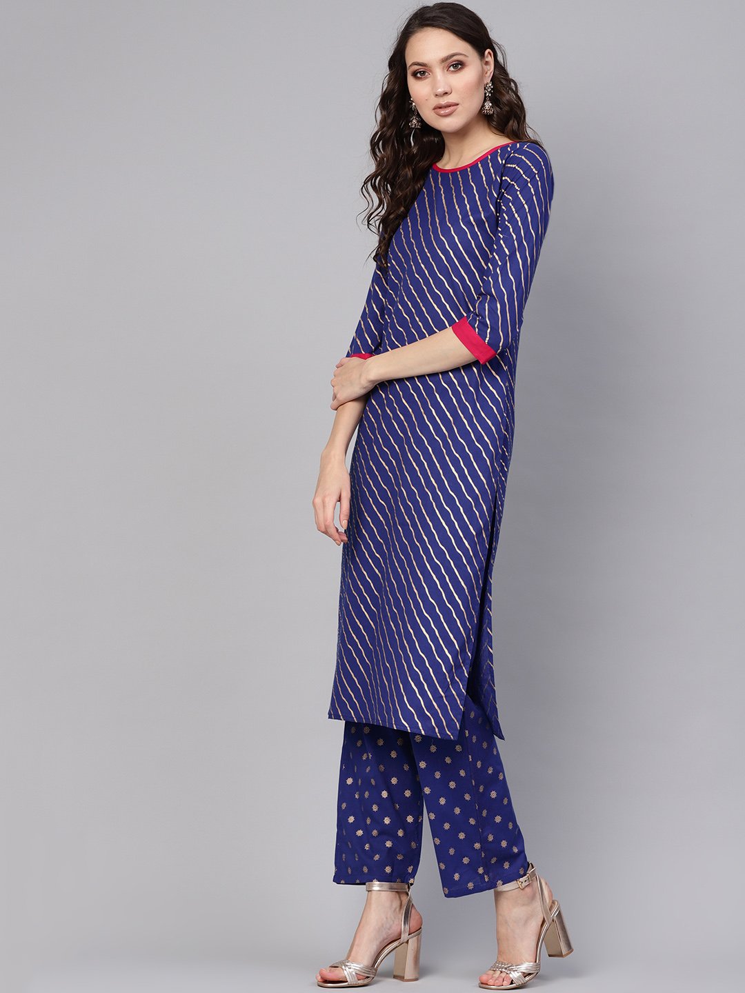 Women Blue & Golden Leheriya Print Kurta with Trousers | NOZ2TOZ - Made In INDIA.