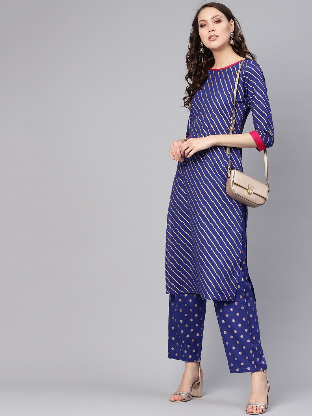 Women Blue & Golden Leheriya Print Kurta with Trousers | NOZ2TOZ - Made In INDIA.