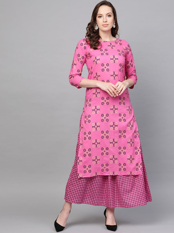 Women Pink Three-Quarter Sleeves Printed Straight Pure Cotton Kurta and Skirt Set | NOZ2TOZ - Made In INDIA.