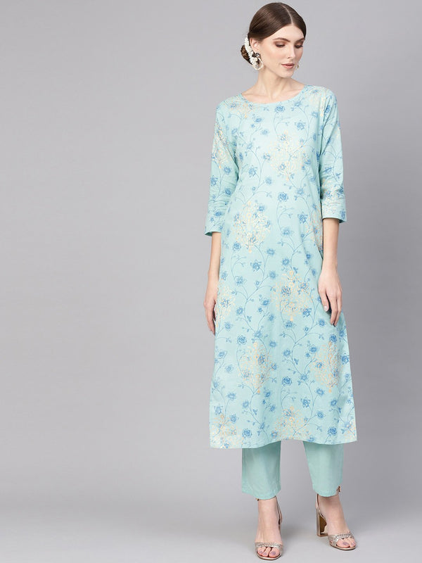 Women Blue Printed Kurta with Trousers | NOZ2TOZ - Made In INDIA.