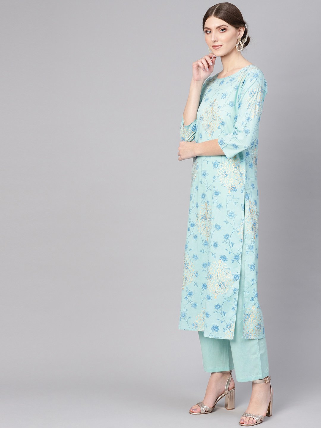 Women Blue Printed Kurta with Trousers | NOZ2TOZ - Made In INDIA.