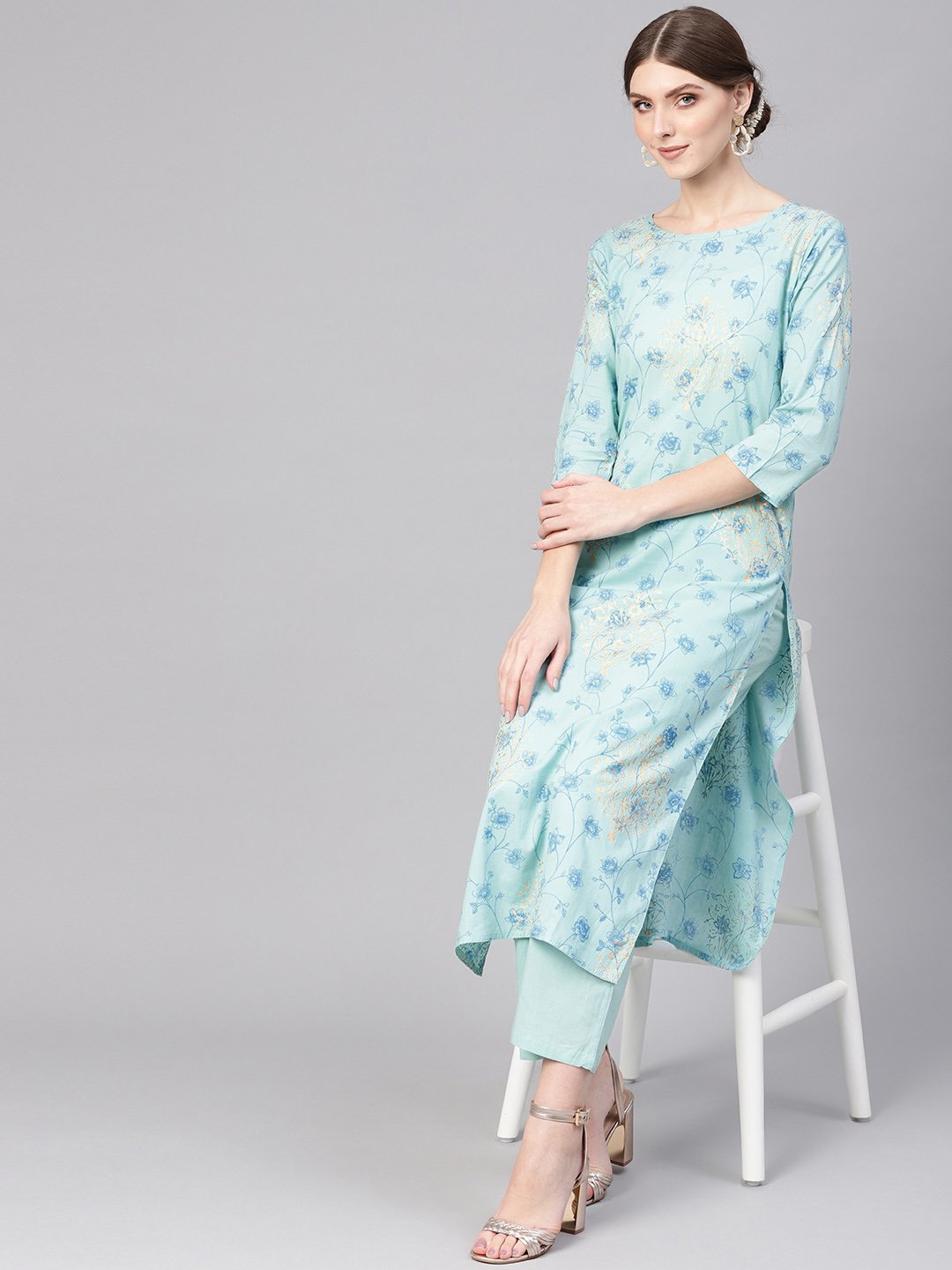 Women Blue Printed Kurta with Trousers | NOZ2TOZ - Made In INDIA.