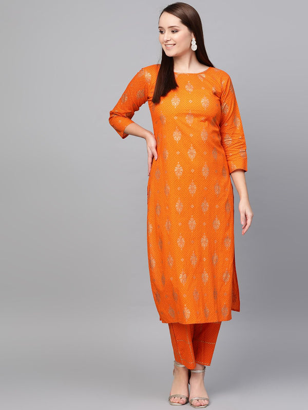 Women Mustard Three-Quarter Sleeves Printed Straight Pure Cotton Kurta with Trouser Set | NOZ2TOZ - Made In INDIA.