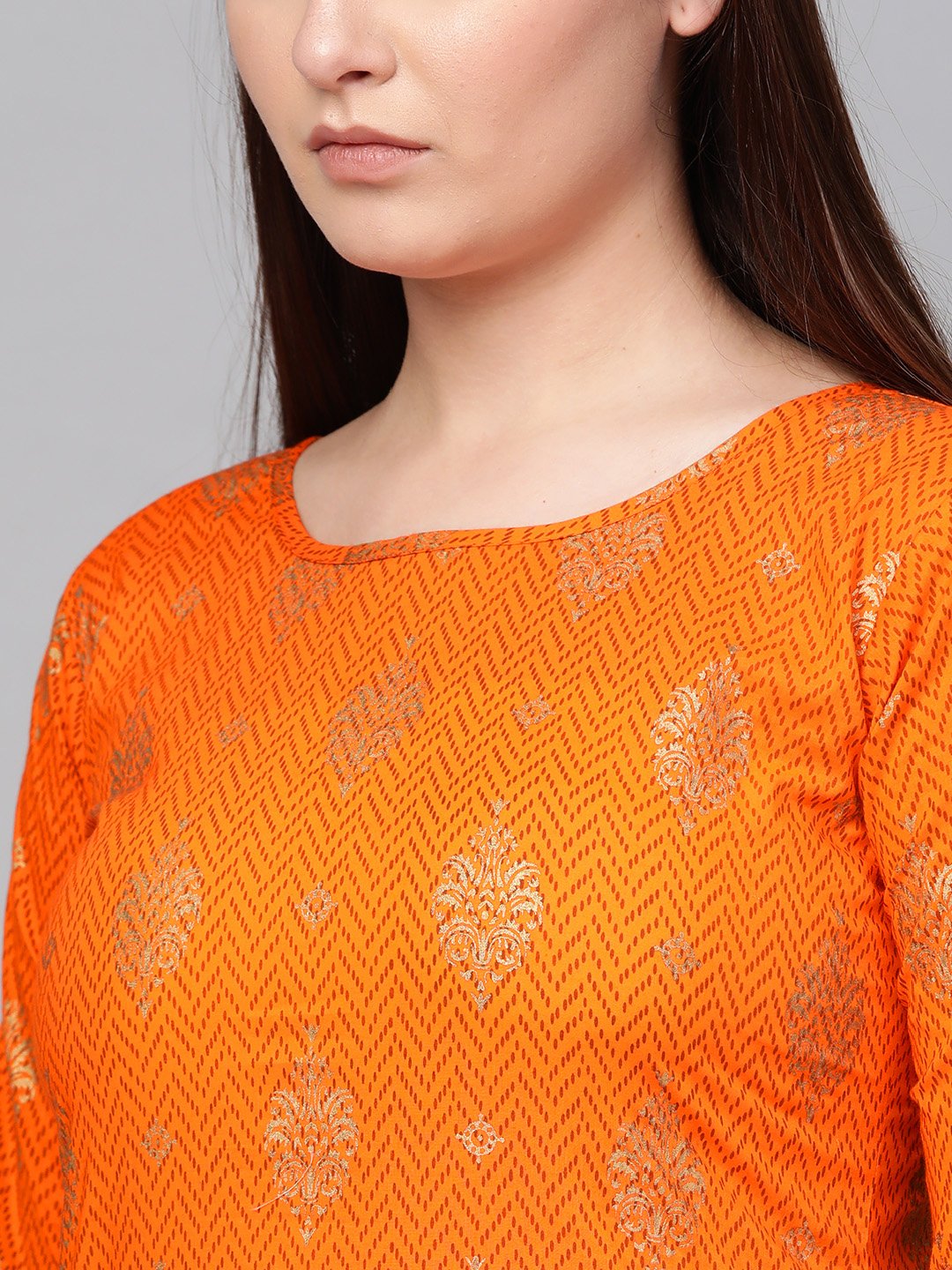 Women Mustard Three-Quarter Sleeves Printed Straight Pure Cotton Kurta with Trouser Set | NOZ2TOZ - Made In INDIA.