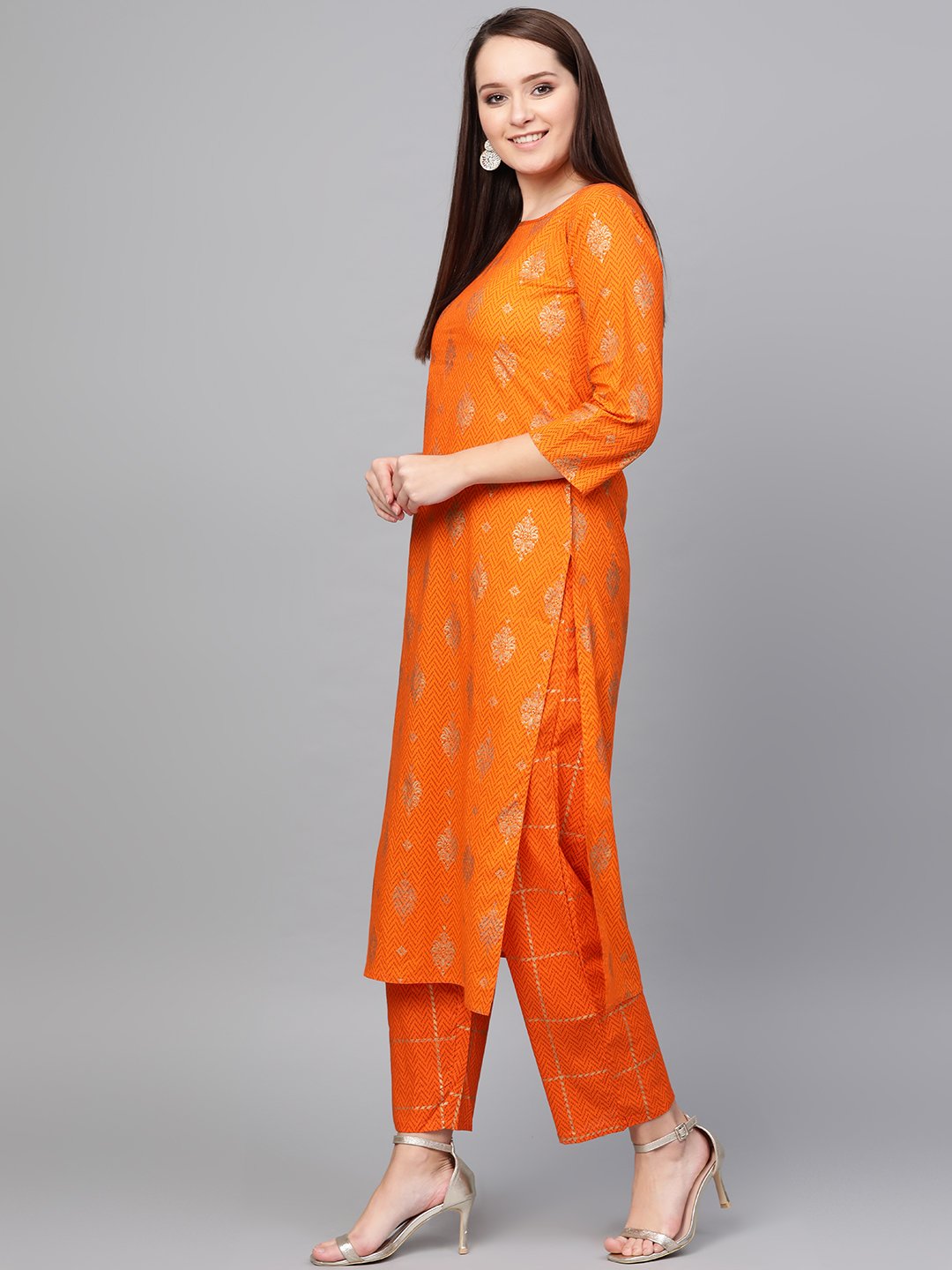 Women Mustard Three-Quarter Sleeves Printed Straight Pure Cotton Kurta with Trouser Set | NOZ2TOZ - Made In INDIA.