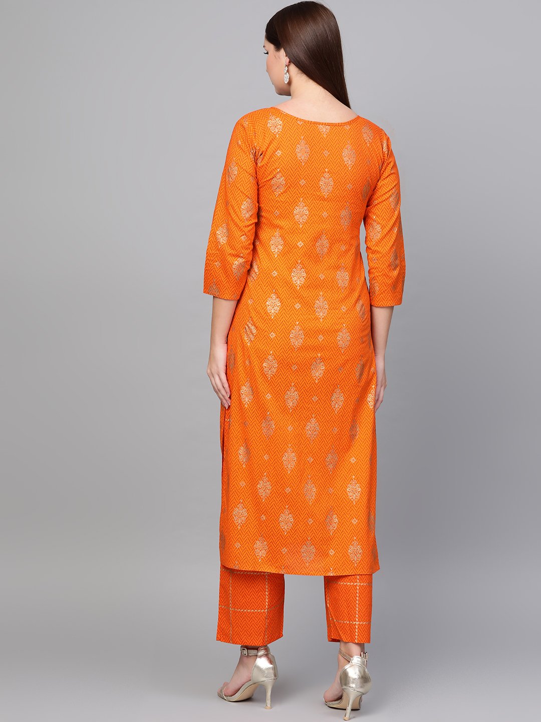 Women Mustard Three-Quarter Sleeves Printed Straight Pure Cotton Kurta with Trouser Set | NOZ2TOZ - Made In INDIA.