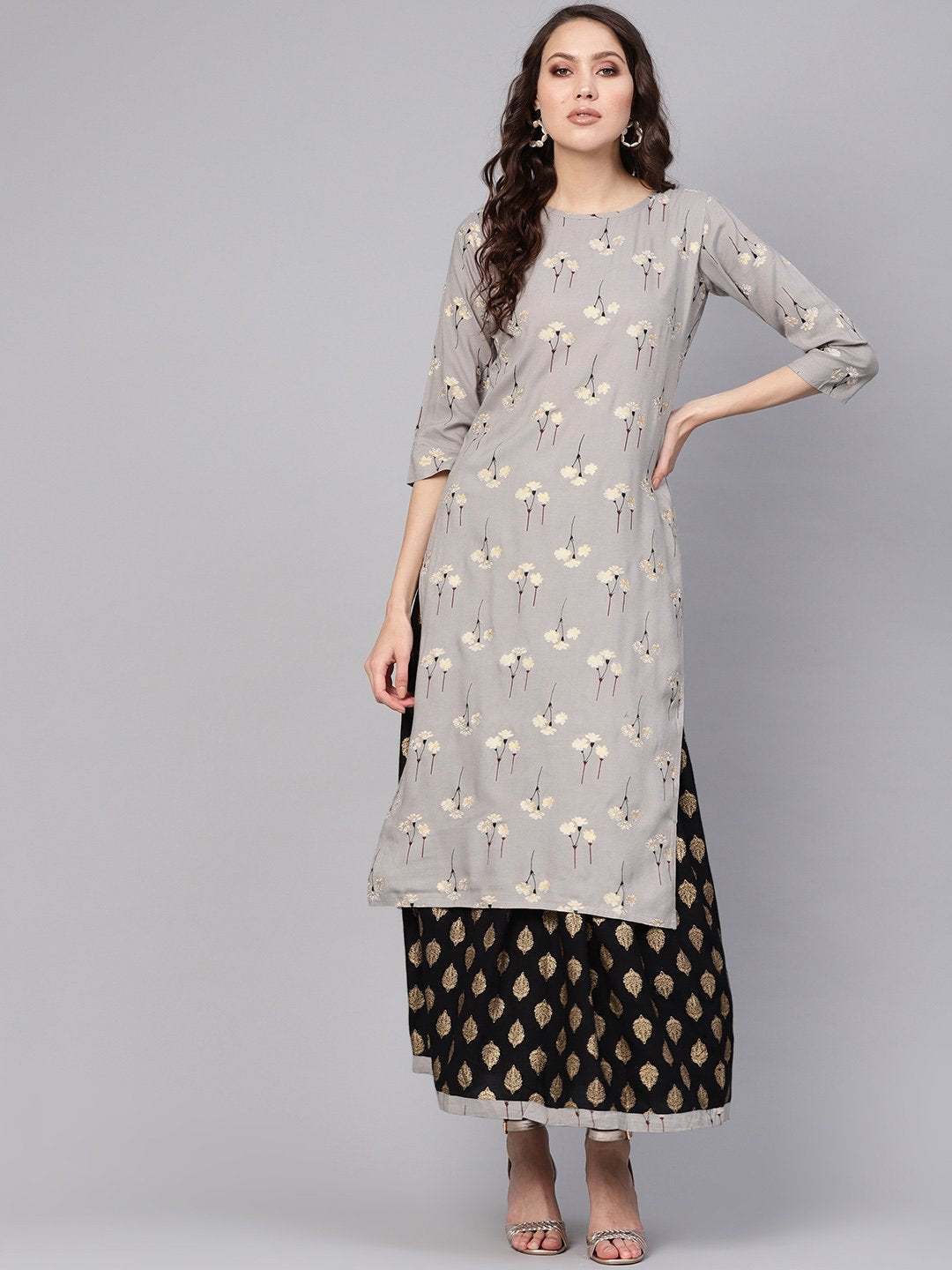 Women Charcoal Grey & Black Printed Kurta with Skirt | NOZ2TOZ - Made In INDIA.