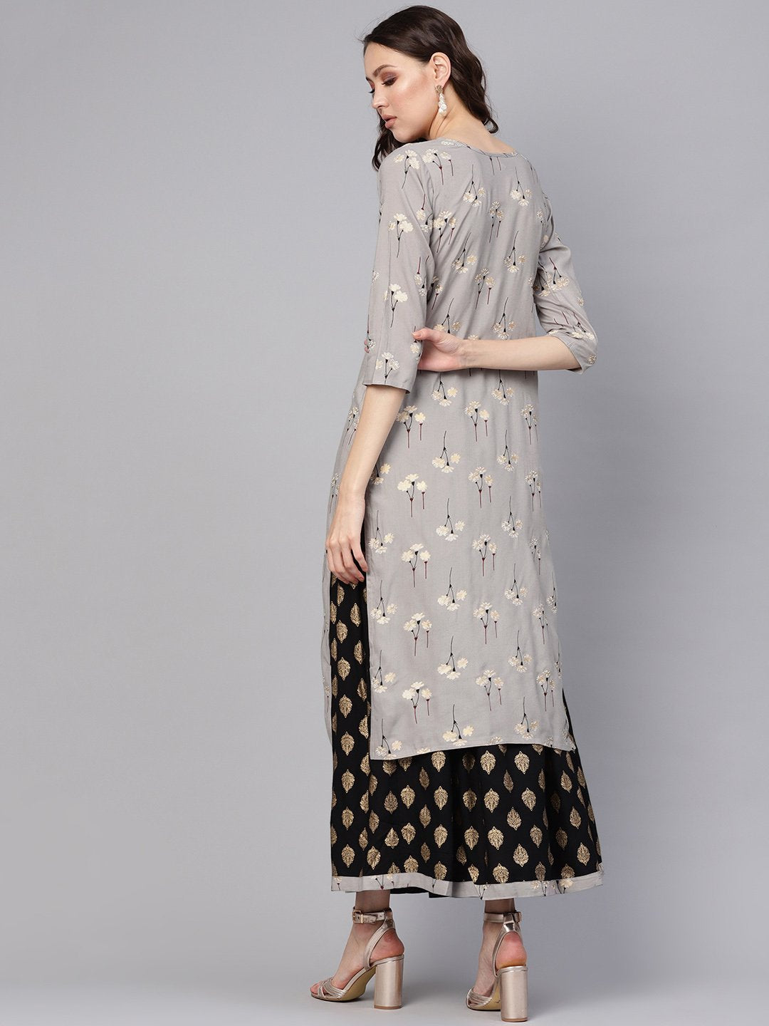 Women Charcoal Grey & Black Printed Kurta with Skirt | NOZ2TOZ - Made In INDIA.