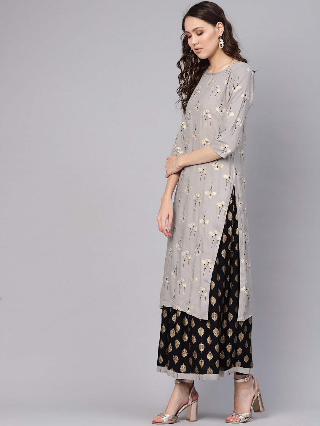 Women Charcoal Grey & Black Printed Kurta with Skirt | NOZ2TOZ - Made In INDIA.