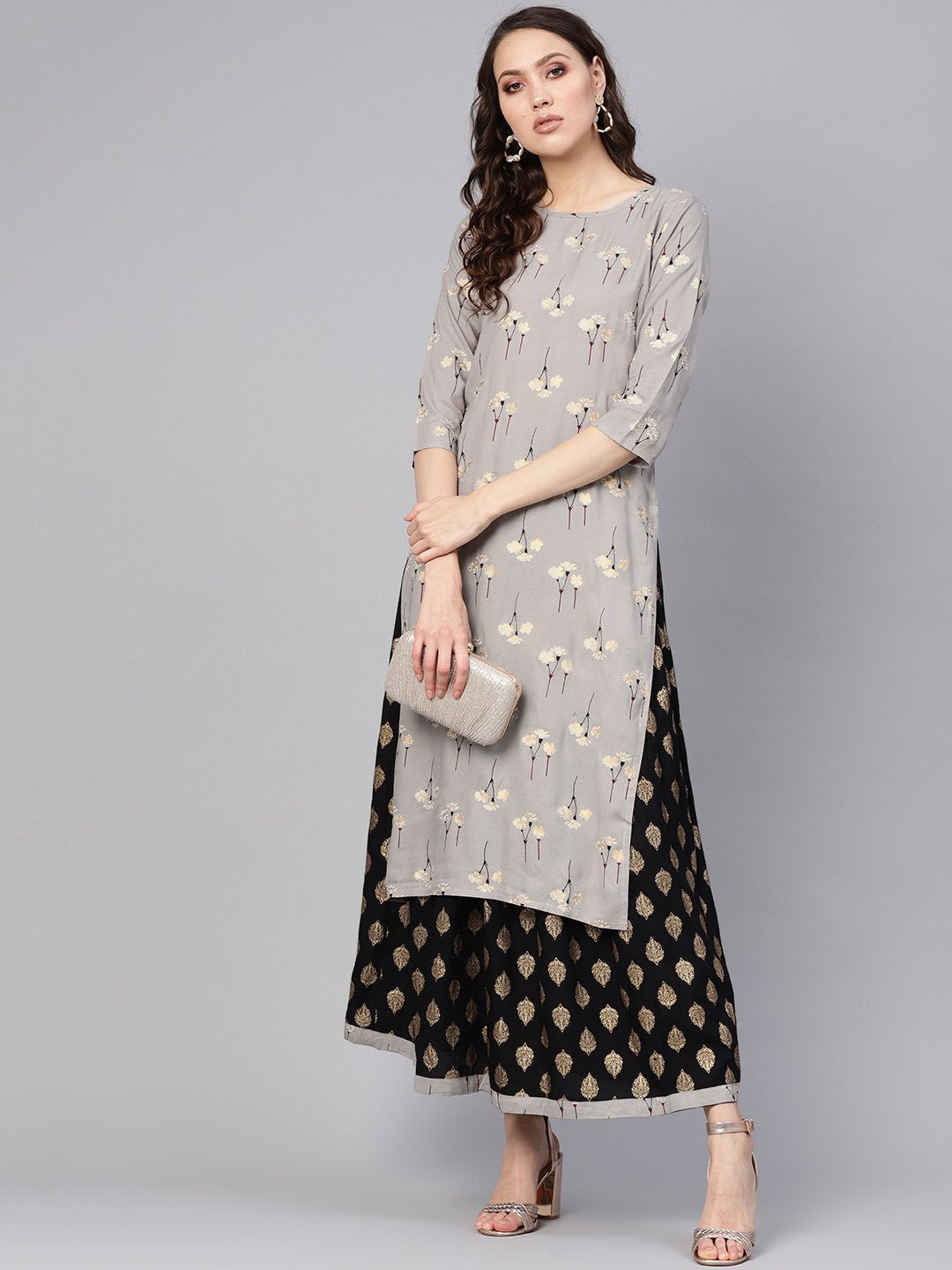 Women Charcoal Grey & Black Printed Kurta with Skirt | NOZ2TOZ - Made In INDIA.