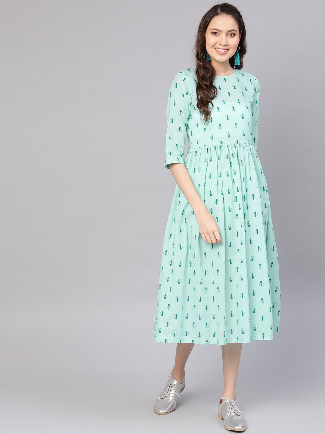 Women Green Printed A-Line Dress | NOZ2TOZ - Made In INDIA.