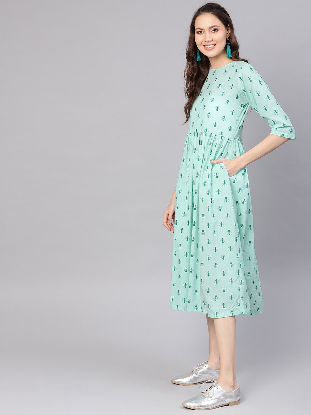 Women Green Printed A-Line Dress | NOZ2TOZ - Made In INDIA.