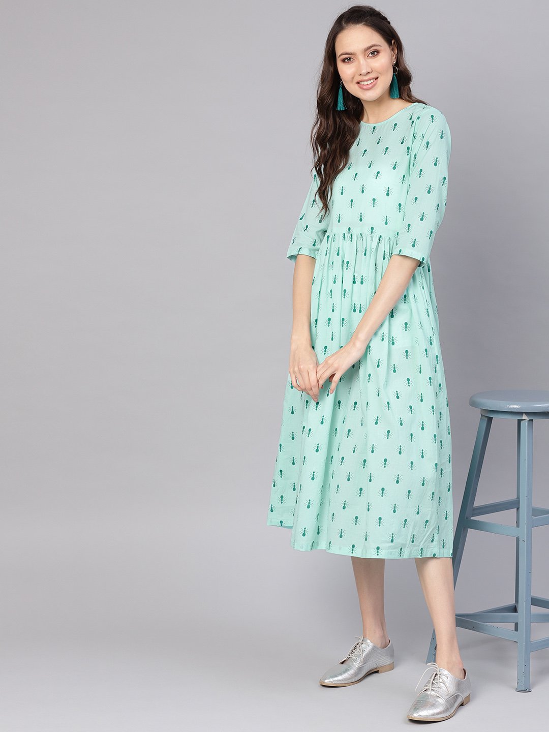 Women Green Printed A-Line Dress | NOZ2TOZ - Made In INDIA.