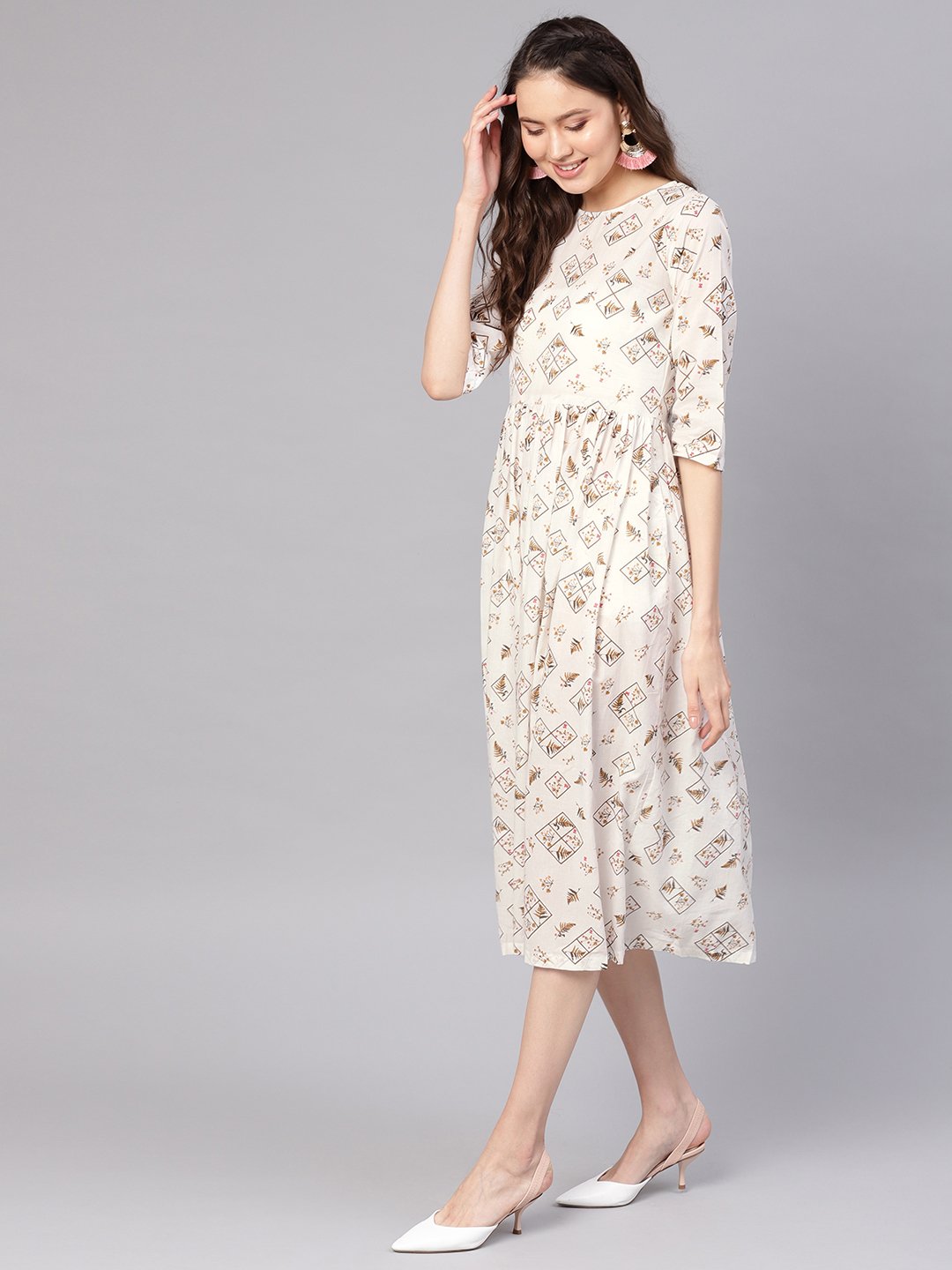 Women Off-White & Brown Printed A-Line Dress | NOZ2TOZ - Made In INDIA.