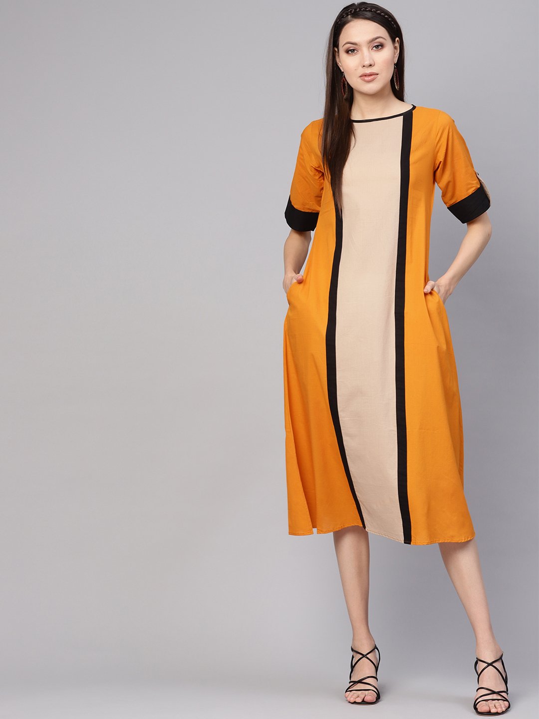 Women Mustard Yellow & Beige Colourblocked A-Line Dress | NOZ2TOZ - Made In INDIA.