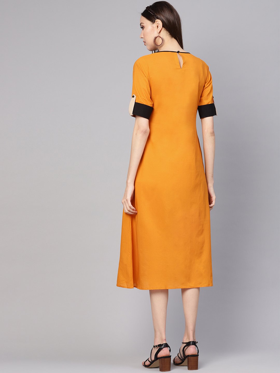 Women Mustard Yellow & Beige Colourblocked A-Line Dress | NOZ2TOZ - Made In INDIA.