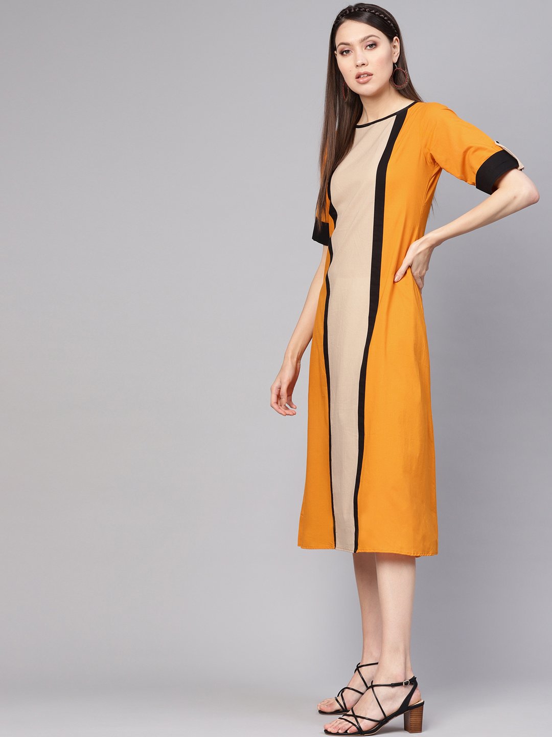 Women Mustard Yellow & Beige Colourblocked A-Line Dress | NOZ2TOZ - Made In INDIA.