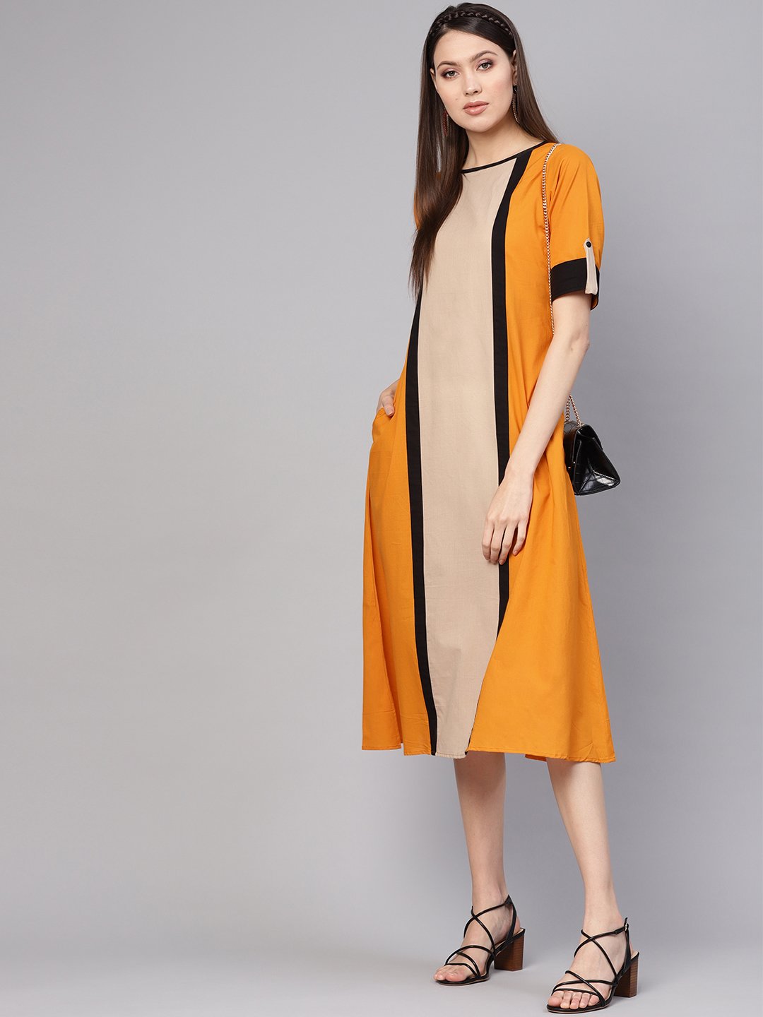 Women Mustard Yellow & Beige Colourblocked A-Line Dress | NOZ2TOZ - Made In INDIA.