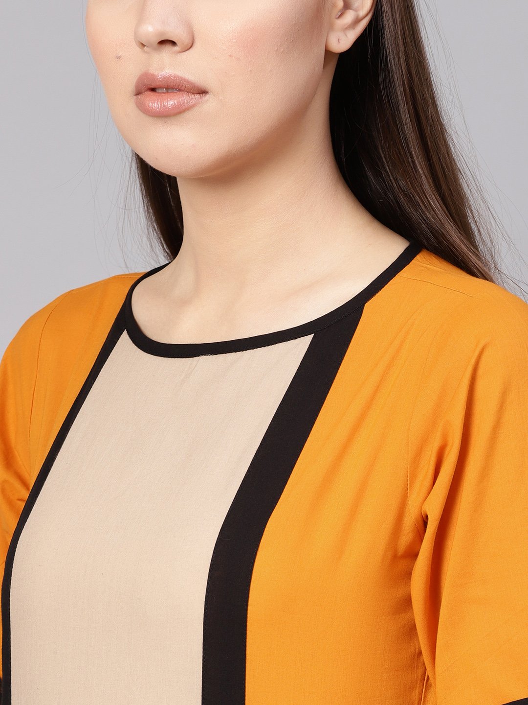 Women Mustard Yellow & Beige Colourblocked A-Line Dress | NOZ2TOZ - Made In INDIA.