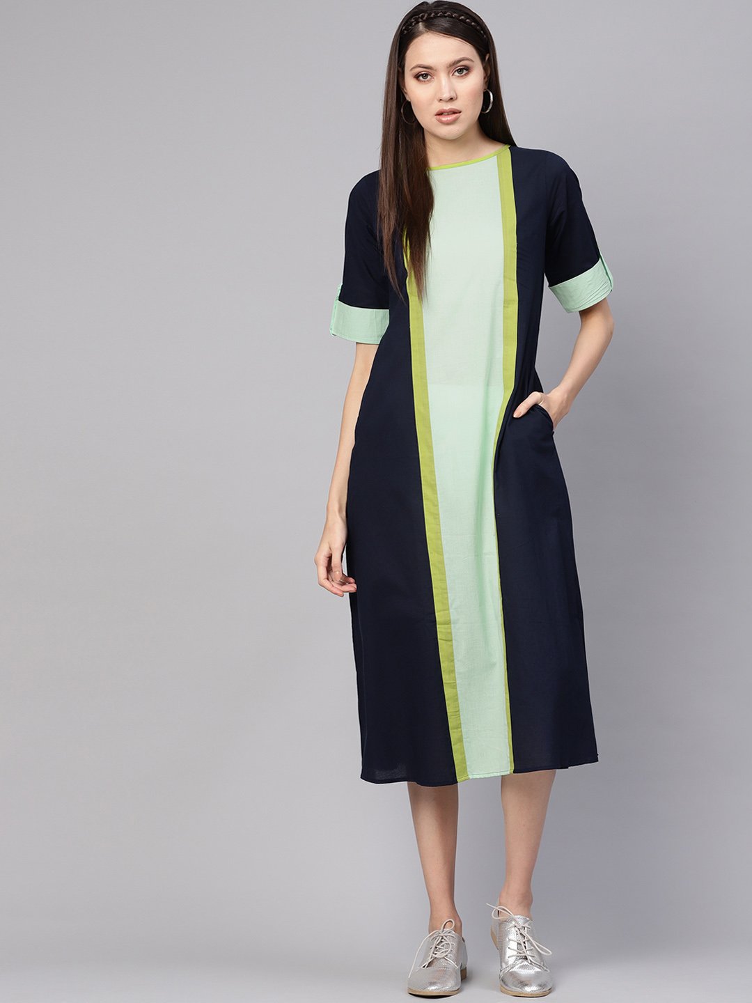 Women Navy Blue & Green Colourblocked A-Line Dress | NOZ2TOZ - Made In INDIA.