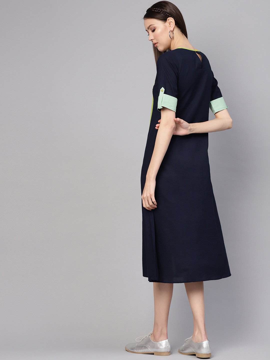 Women Navy Blue & Green Colourblocked A-Line Dress | NOZ2TOZ - Made In INDIA.