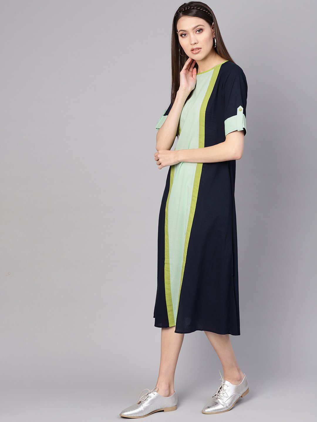 Women Navy Blue & Green Colourblocked A-Line Dress | NOZ2TOZ - Made In INDIA.