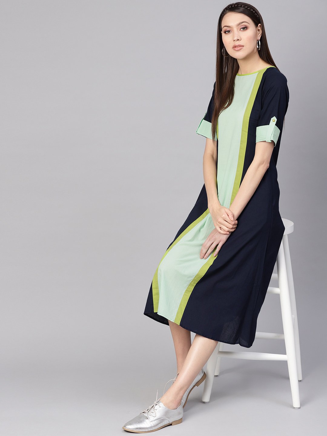 Women Navy Blue & Green Colourblocked A-Line Dress | NOZ2TOZ - Made In INDIA.