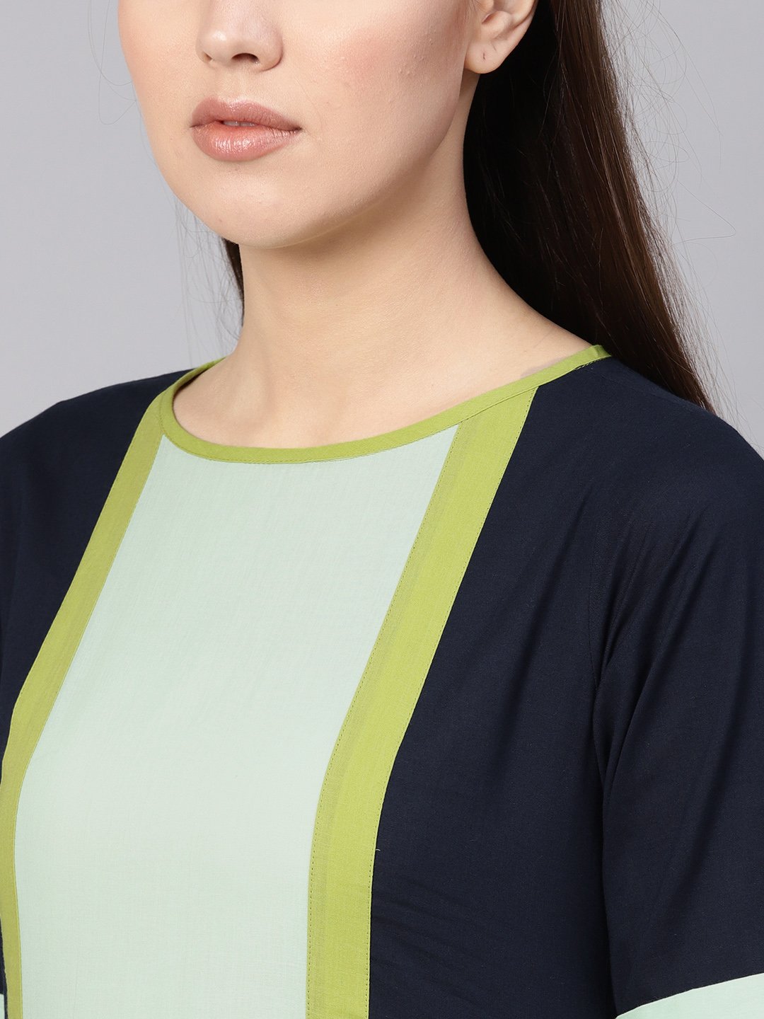 Women Navy Blue & Green Colourblocked A-Line Dress | NOZ2TOZ - Made In INDIA.